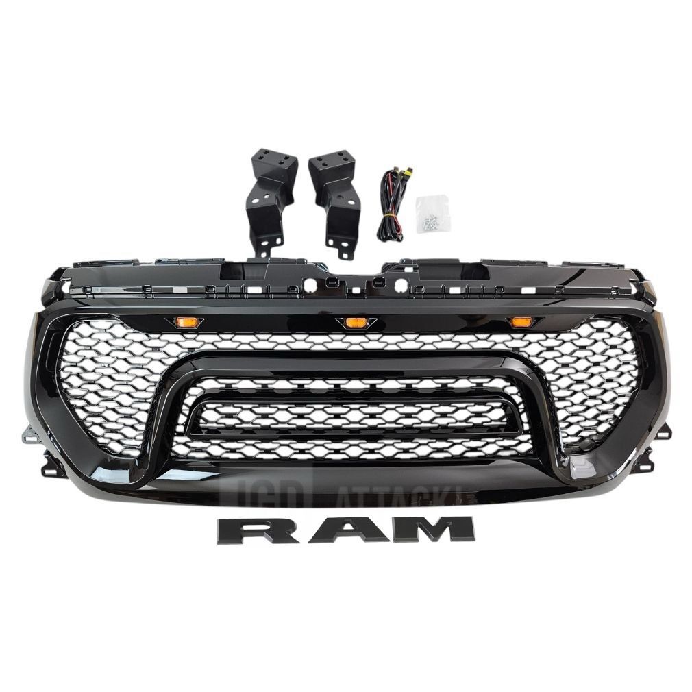 Grill Atrapa Przedniego Zderzaka z LED - Styl Rebel - Czarny Połysk (RAM 1500 19-23)